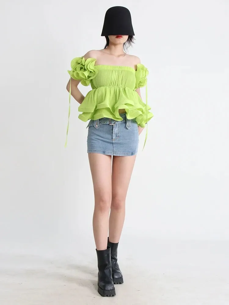 Folds Minimalist Shirts For Women Square Collar Short Sleeve  Off Shoulder Summer Solid Blouse Female Fashion