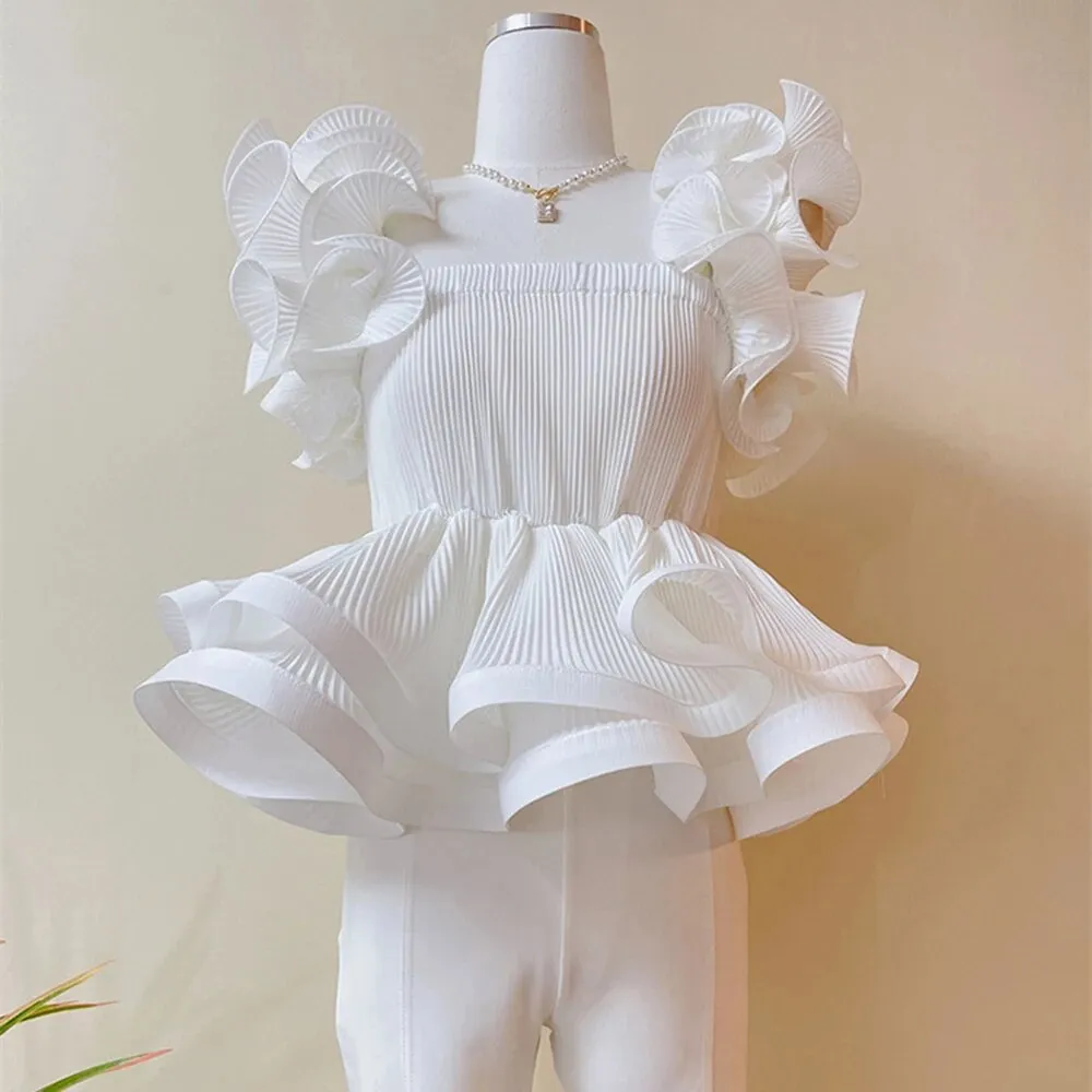Folds Minimalist Shirts For Women Square Collar Short Sleeve  Off Shoulder Summer Solid Blouse Female Fashion