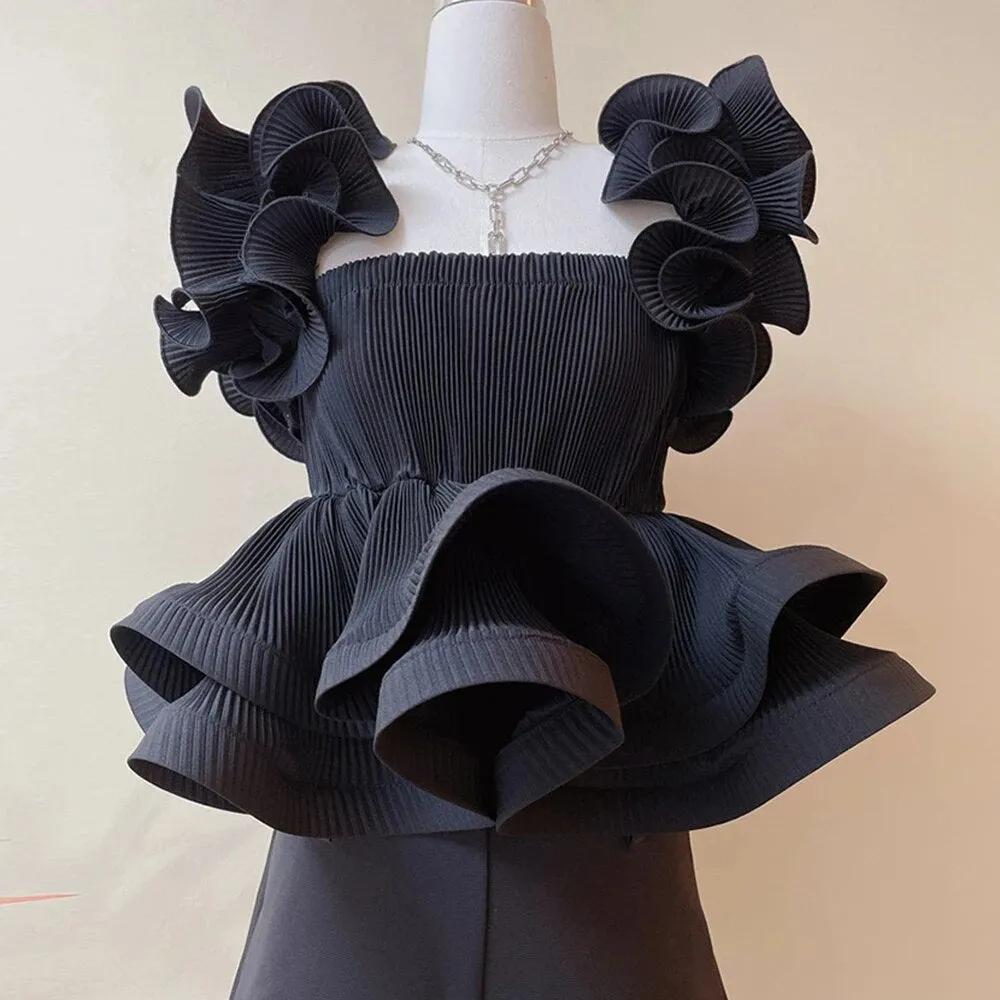 Folds Minimalist Shirts For Women Square Collar Short Sleeve  Off Shoulder Summer Solid Blouse Female Fashion