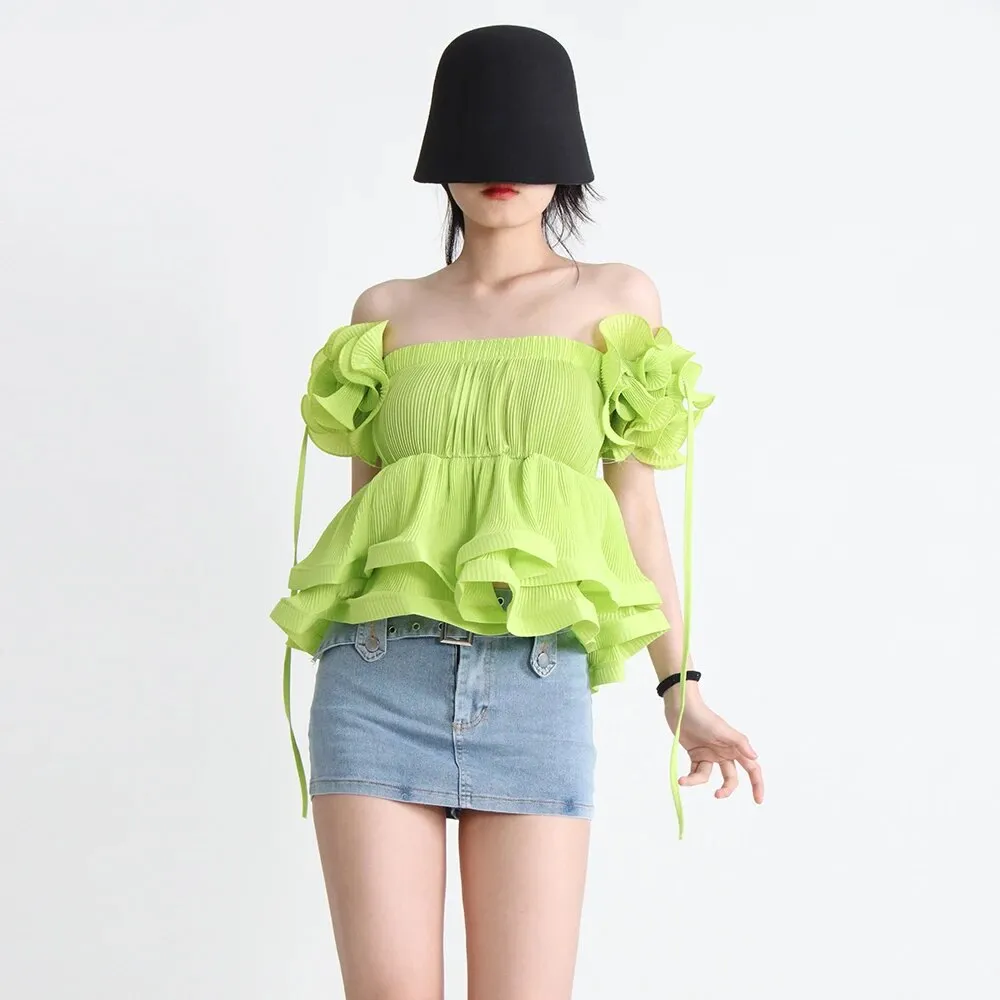 Folds Minimalist Shirts For Women Square Collar Short Sleeve  Off Shoulder Summer Solid Blouse Female Fashion