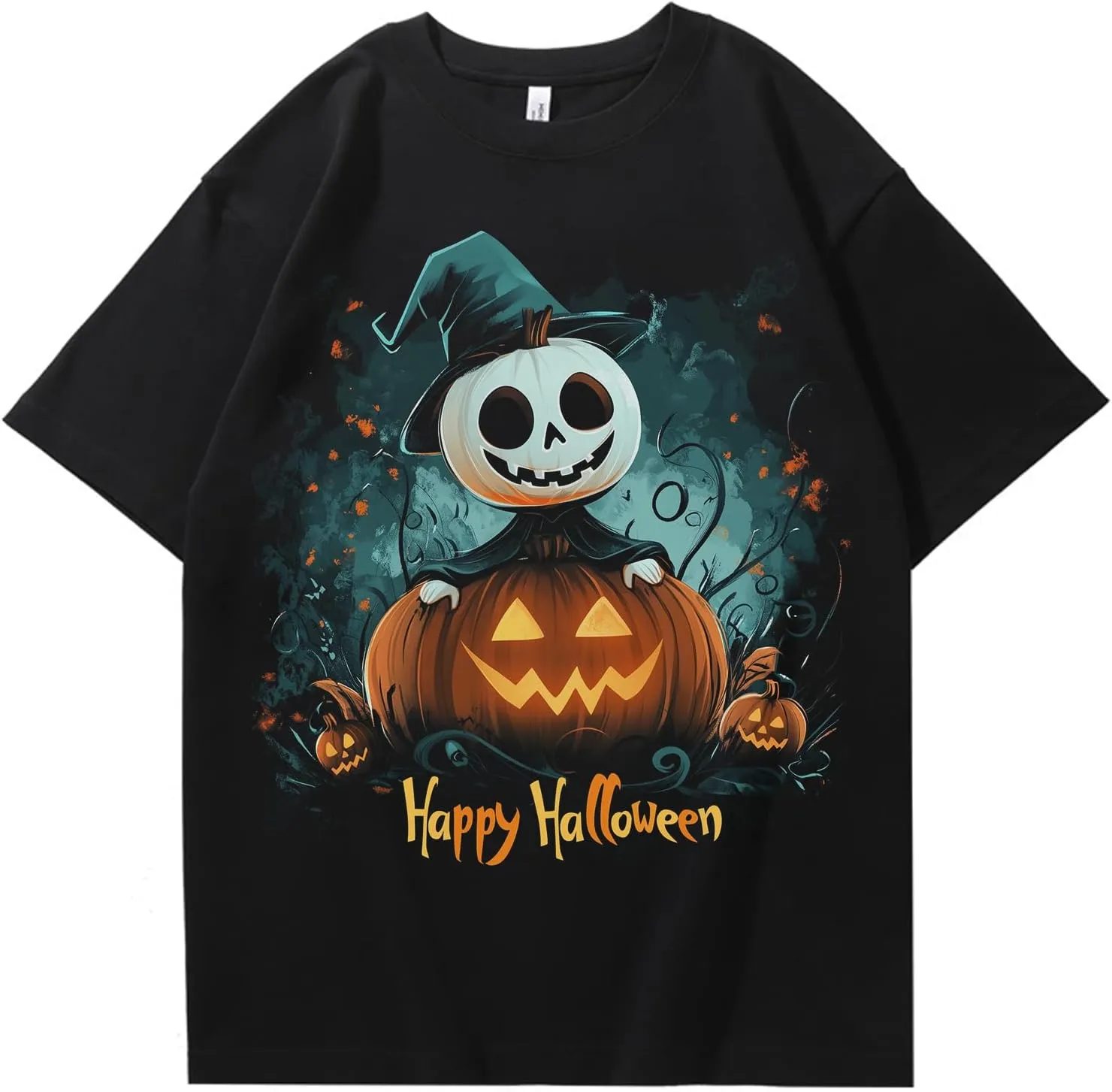 Halloween Oversized Black Cotton T-Shirt with Pumpkin Face Print, Soft & Breathable, Thick Crew Neck Tee for Men and Women
