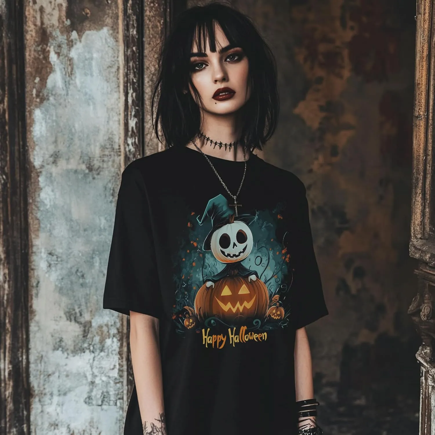 Halloween Oversized Black Cotton T-Shirt with Pumpkin Face Print, Soft & Breathable, Thick Crew Neck Tee for Men and Women