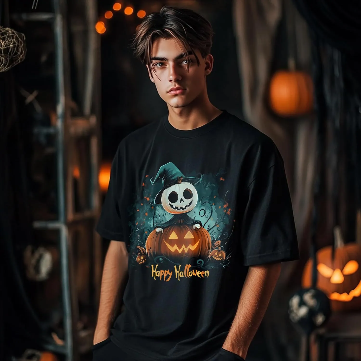 Halloween Oversized Black Cotton T-Shirt with Pumpkin Face Print, Soft & Breathable, Thick Crew Neck Tee for Men and Women