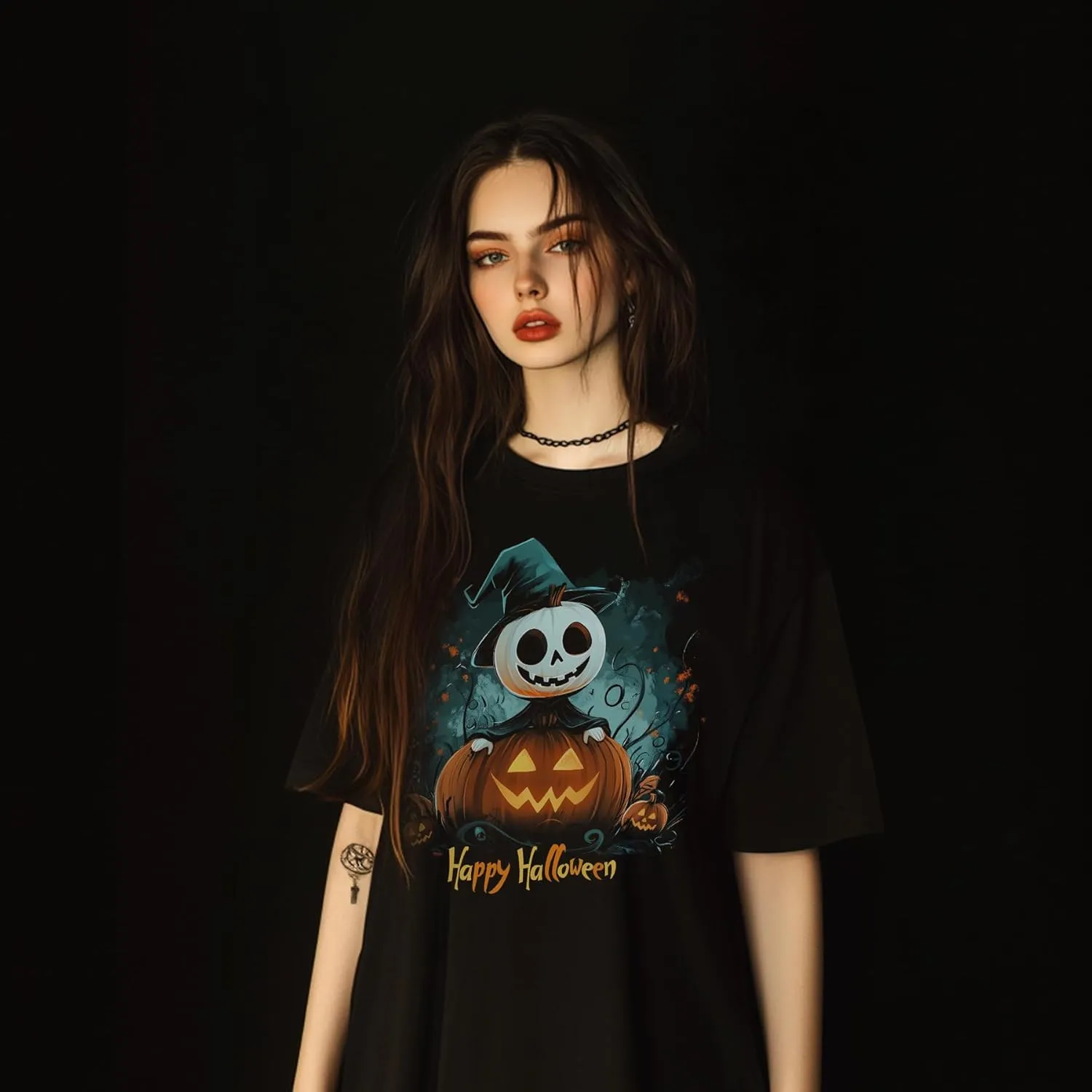 Halloween Oversized Black Cotton T-Shirt with Pumpkin Face Print, Soft & Breathable, Thick Crew Neck Tee for Men and Women