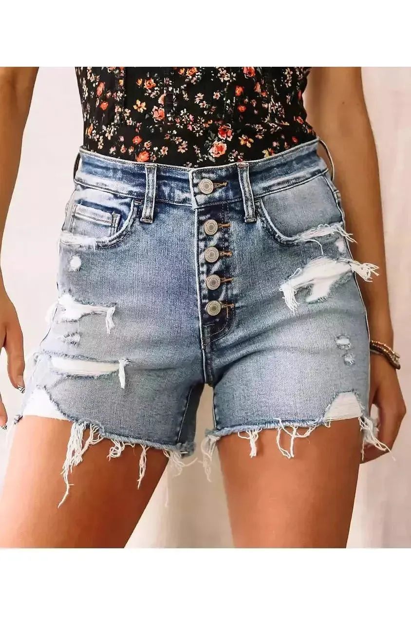 High Rise Vervet Distressed Shorts