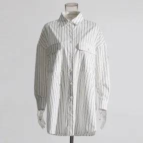 Hit Color Striped Patchwork Pockets Casual Blouses For Women Lapel Long Sleeve Spliced Button Minimalist Loose Shirts Female