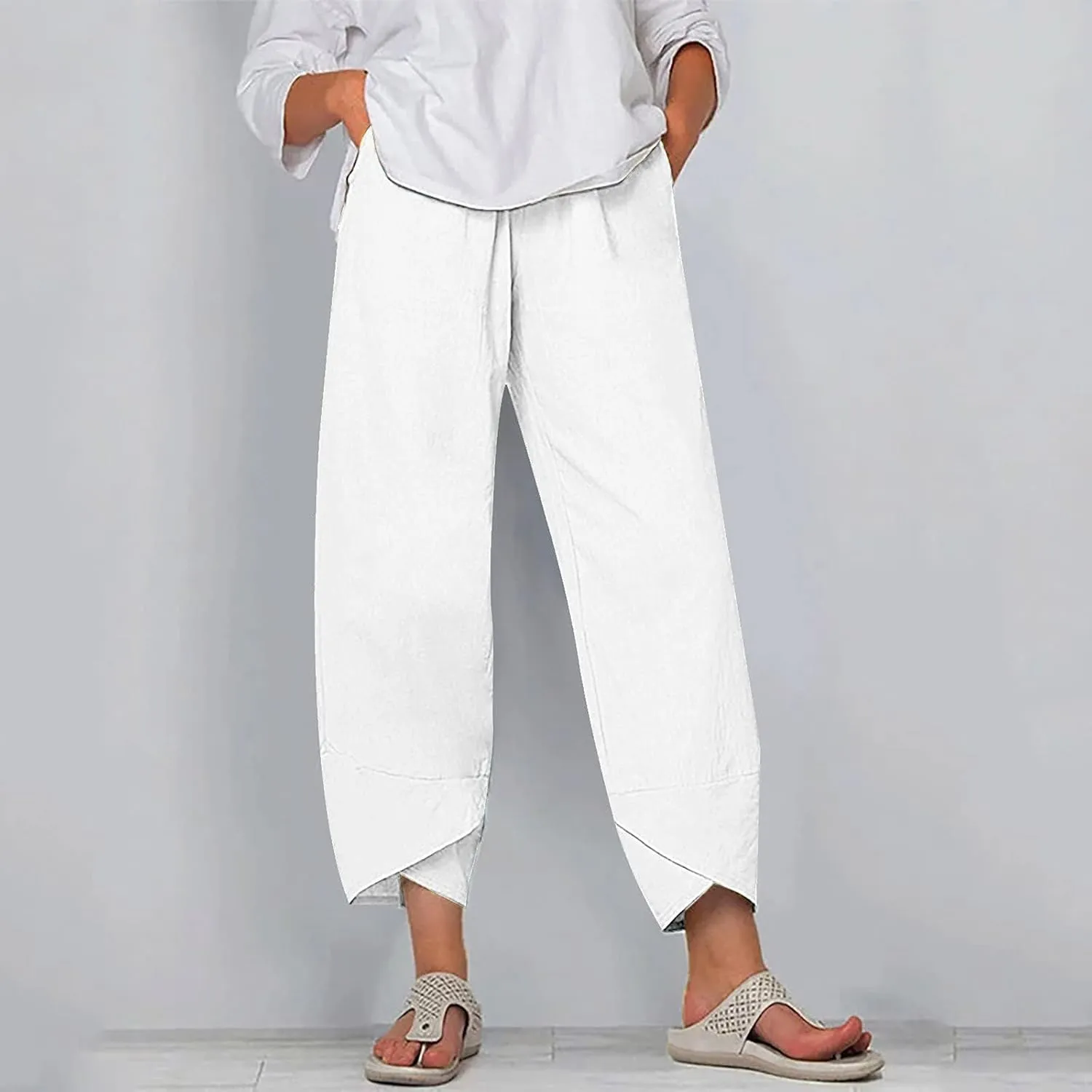 HOTYD Womens Cotton Linen Capri Pants Drawstring Elastic Waist Loose Fit Yoga Pants Baggy Cropped Trousers with Pockets