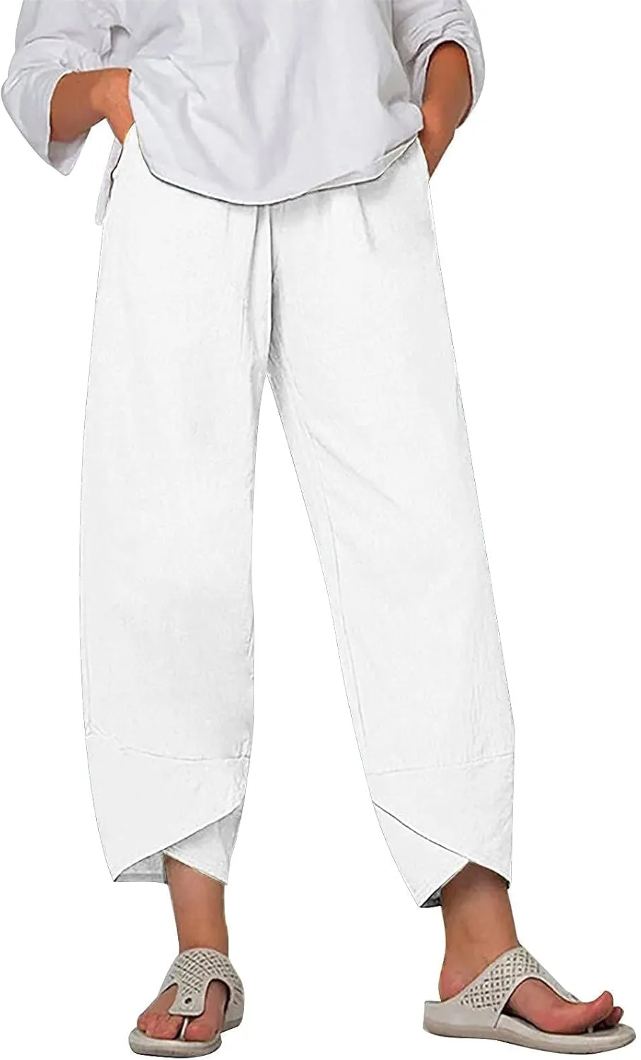 HOTYD Womens Cotton Linen Capri Pants Drawstring Elastic Waist Loose Fit Yoga Pants Baggy Cropped Trousers with Pockets