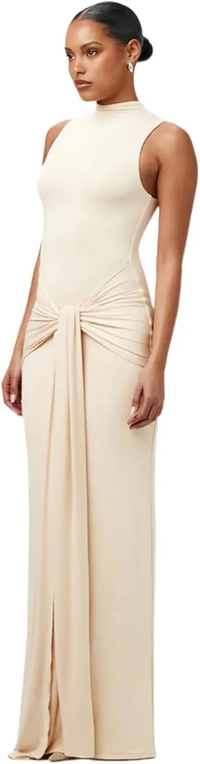JUMISEE Women's Sexy High Neck Long Sleeve Maxi Dress Elegant Tie Waist Bodycon Long Dress Cocktail Party Dress