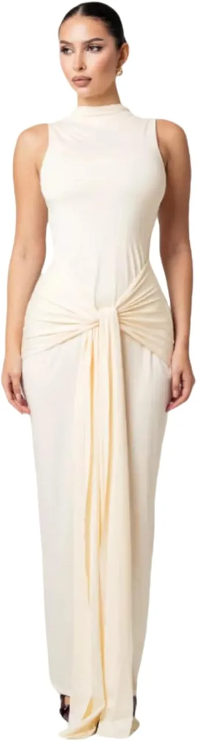 JUMISEE Women's Sexy High Neck Long Sleeve Maxi Dress Elegant Tie Waist Bodycon Long Dress Cocktail Party Dress