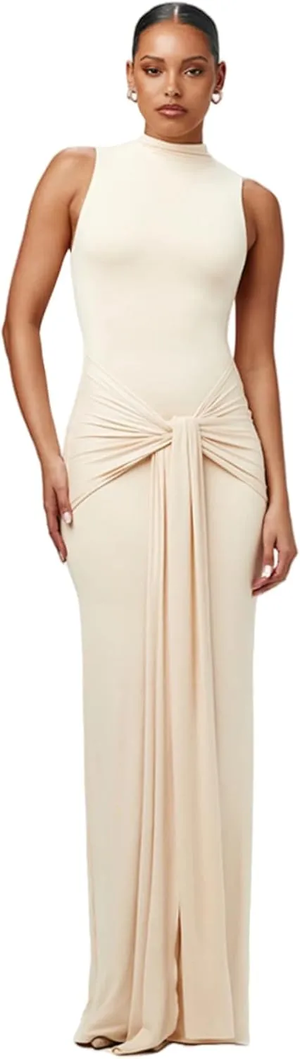 JUMISEE Women's Sexy High Neck Long Sleeve Maxi Dress Elegant Tie Waist Bodycon Long Dress Cocktail Party Dress