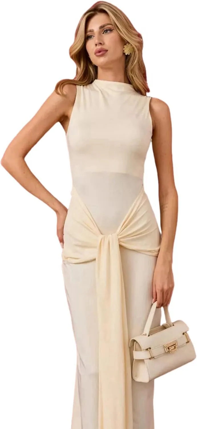 JUMISEE Women's Sexy High Neck Long Sleeve Maxi Dress Elegant Tie Waist Bodycon Long Dress Cocktail Party Dress