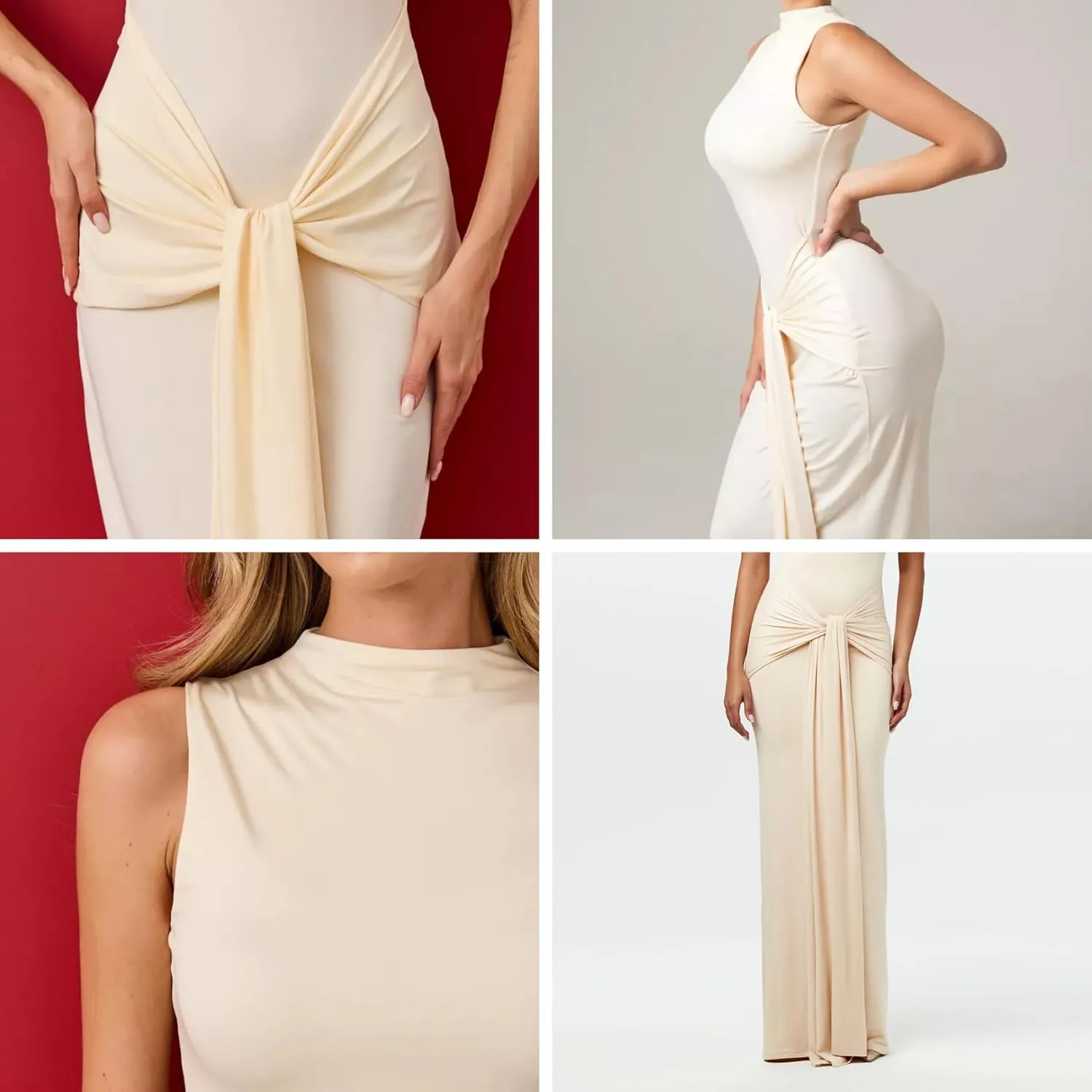 JUMISEE Women's Sexy High Neck Long Sleeve Maxi Dress Elegant Tie Waist Bodycon Long Dress Cocktail Party Dress