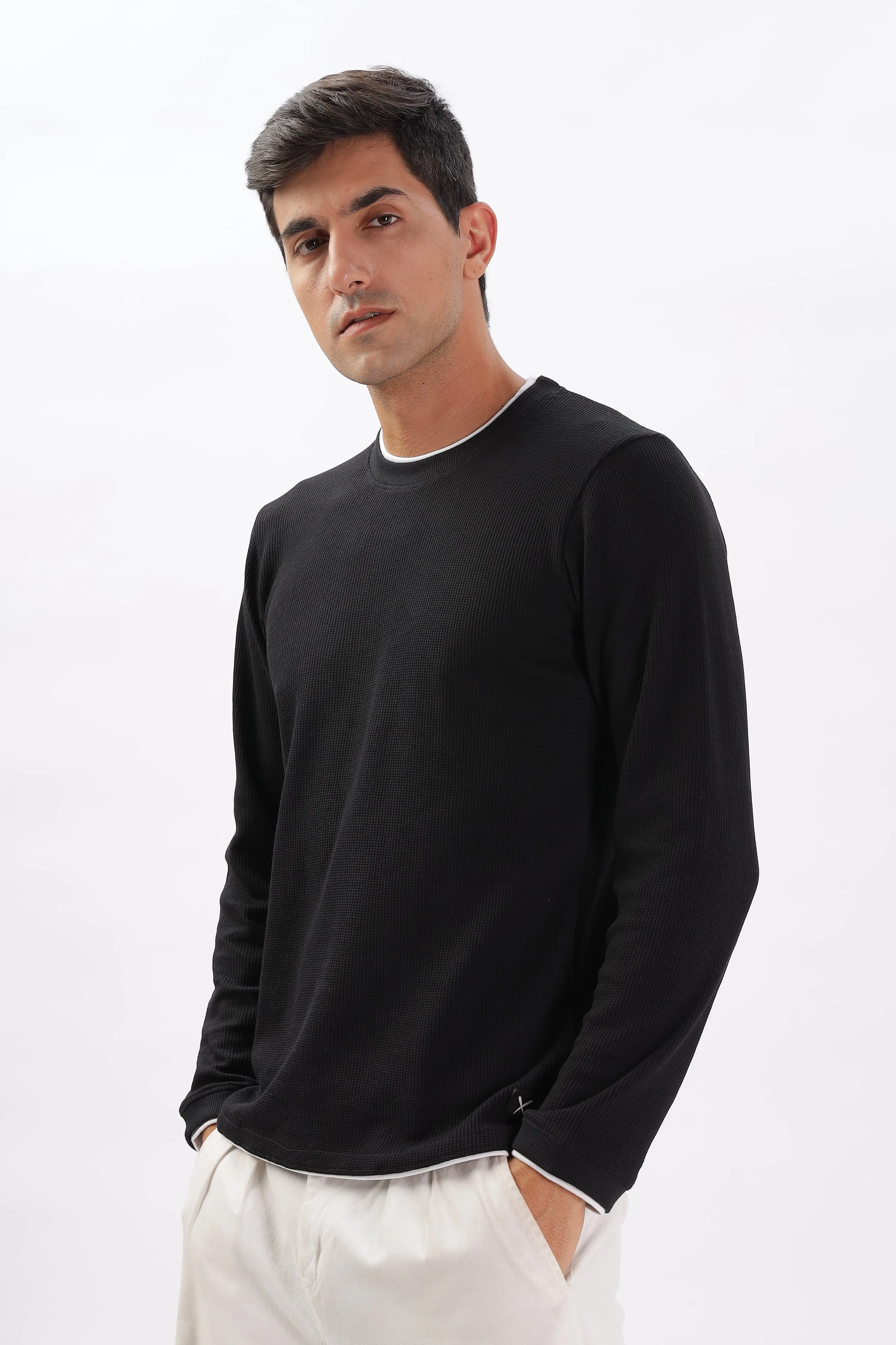 Knitted Full Sleeve T-Shirt: Black