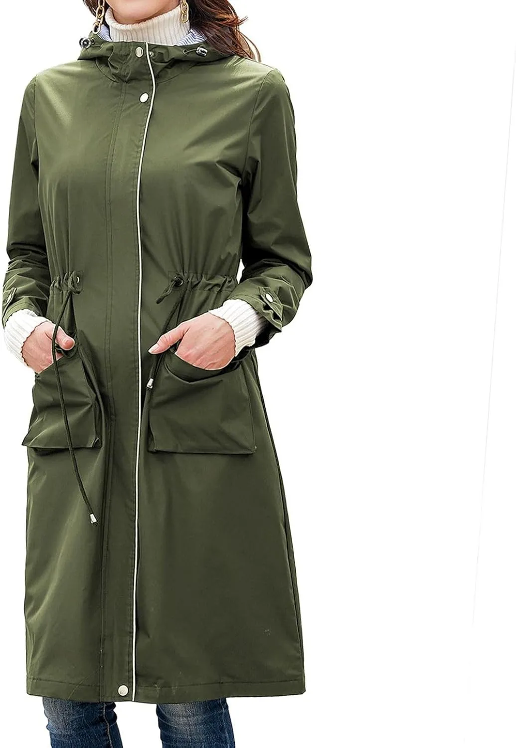 Lu's Chic Women's Long Anorak Jacket Raincoat Rain Jacket Long Sleeve Casual Hooded Cargo Utility Military Outerwear