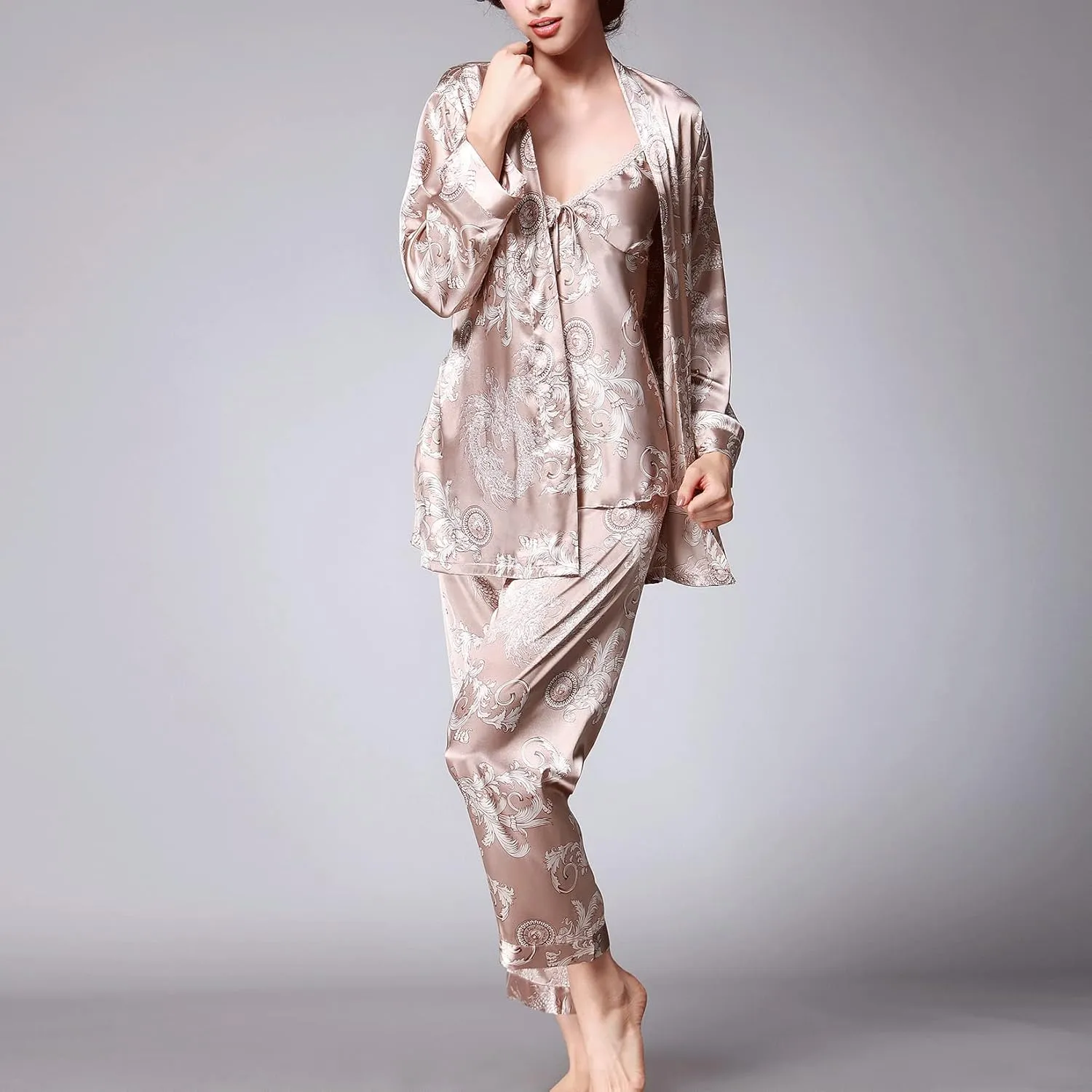 Lu's Chic Women's Satin Cami and Pant Pajamas Set with Robe 3Pcs Pj Silk V Neck Long Sleeve Sleepwear