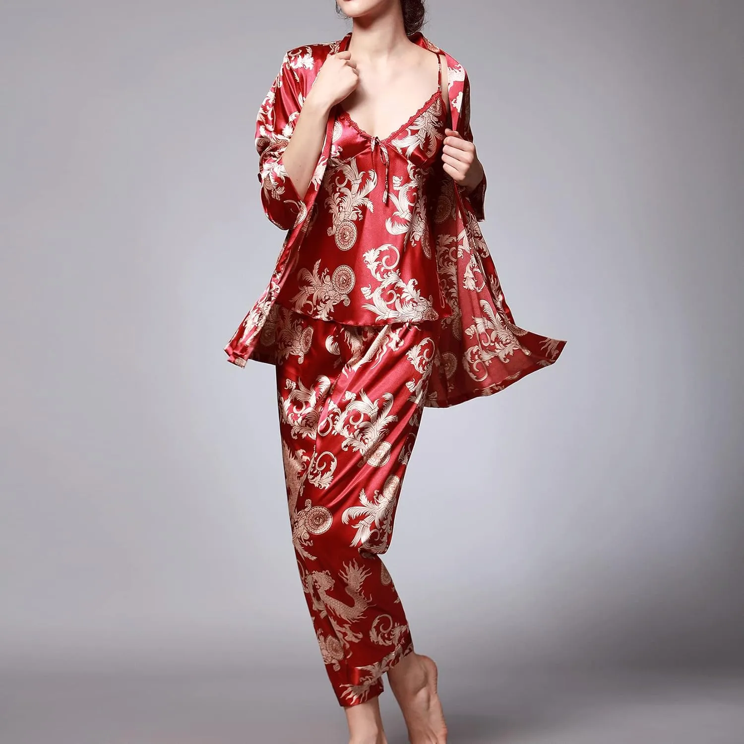 Lu's Chic Women's Satin Cami and Pant Pajamas Set with Robe 3Pcs Pj Silk V Neck Long Sleeve Sleepwear