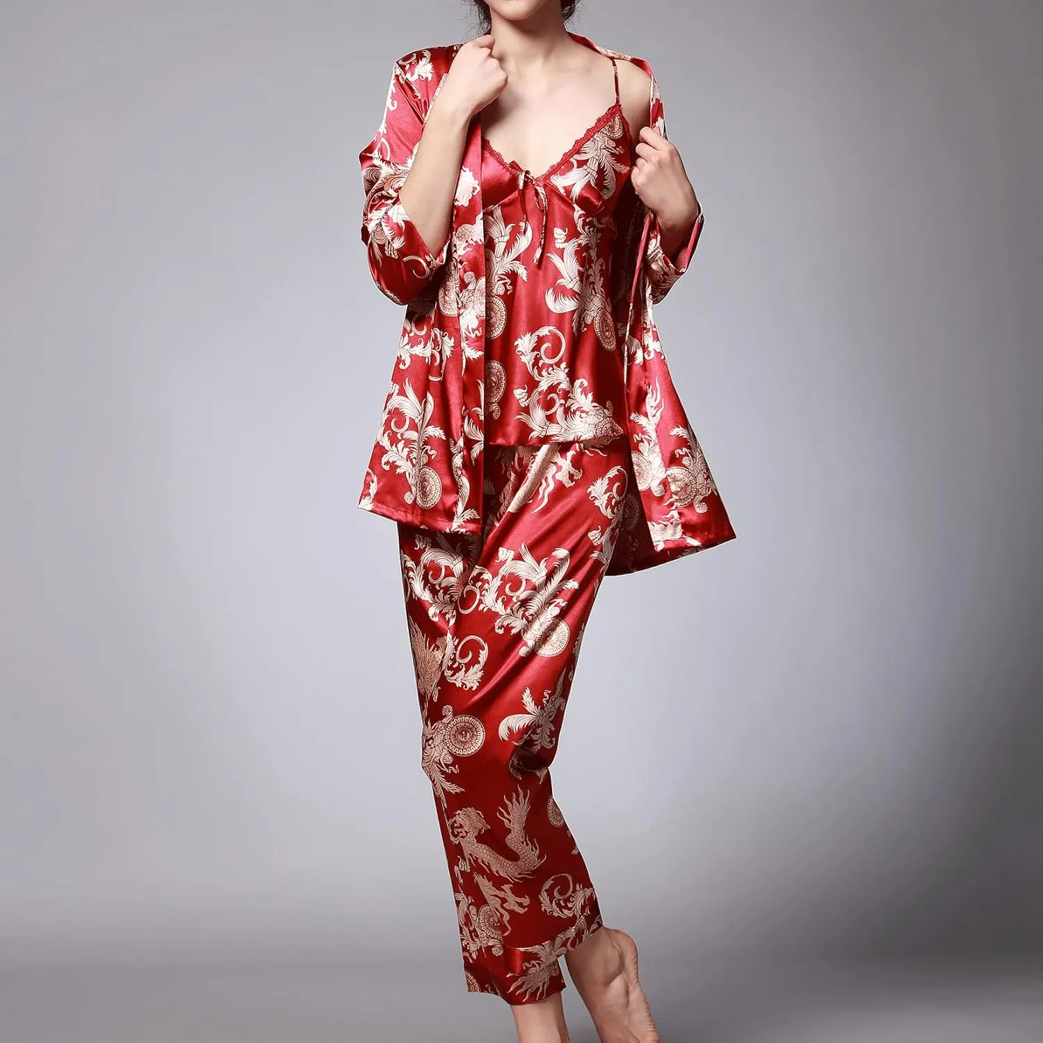 Lu's Chic Women's Satin Cami and Pant Pajamas Set with Robe 3Pcs Pj Silk V Neck Long Sleeve Sleepwear