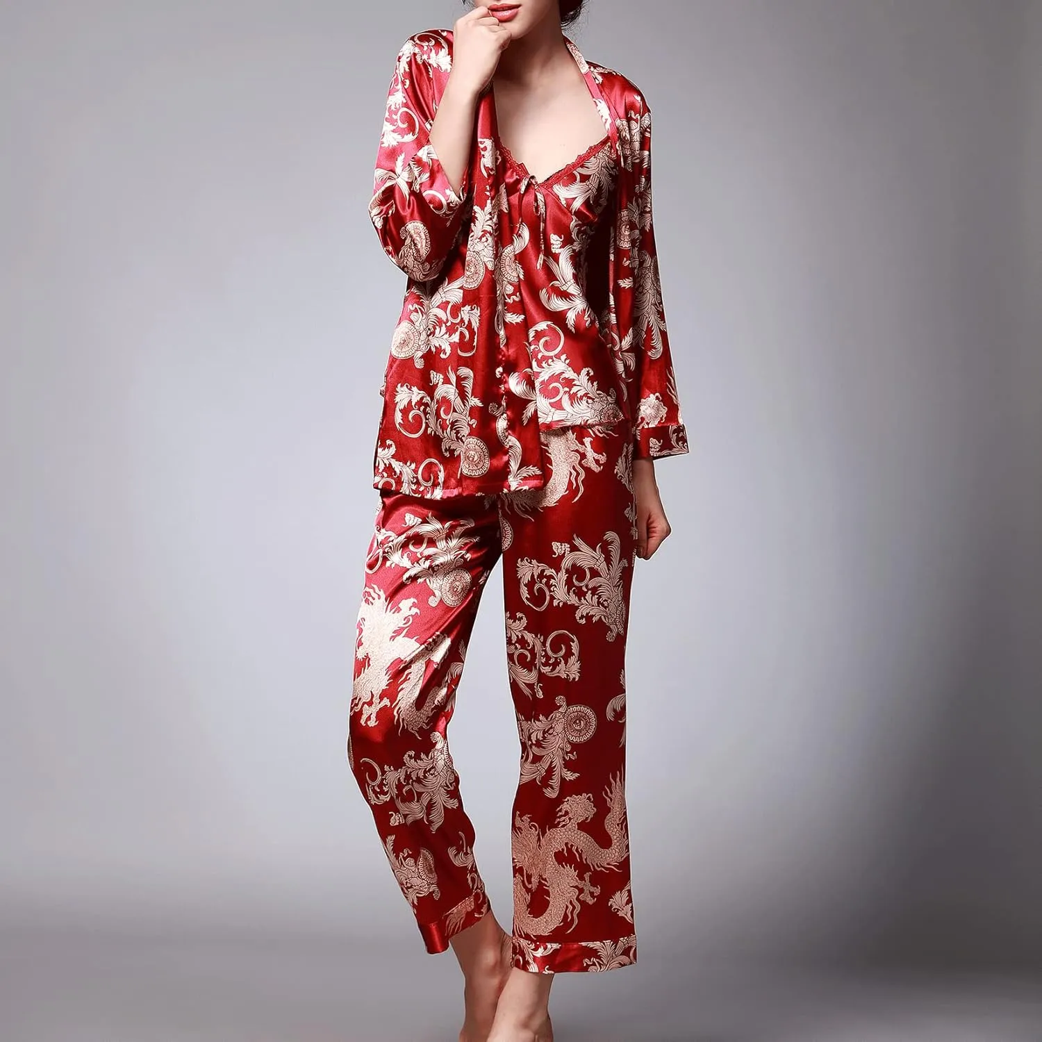 Lu's Chic Women's Satin Cami and Pant Pajamas Set with Robe 3Pcs Pj Silk V Neck Long Sleeve Sleepwear