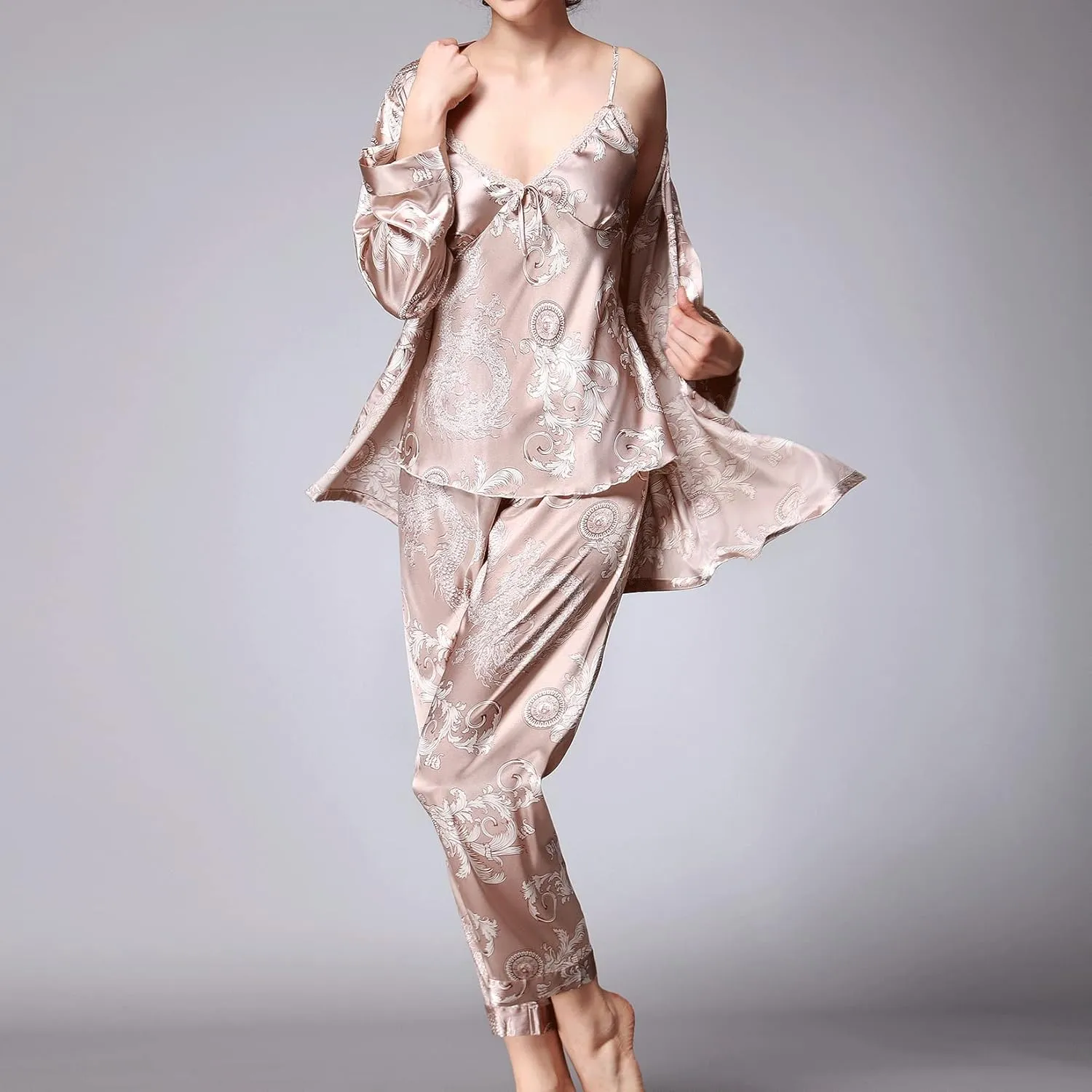 Lu's Chic Women's Satin Cami and Pant Pajamas Set with Robe 3Pcs Pj Silk V Neck Long Sleeve Sleepwear