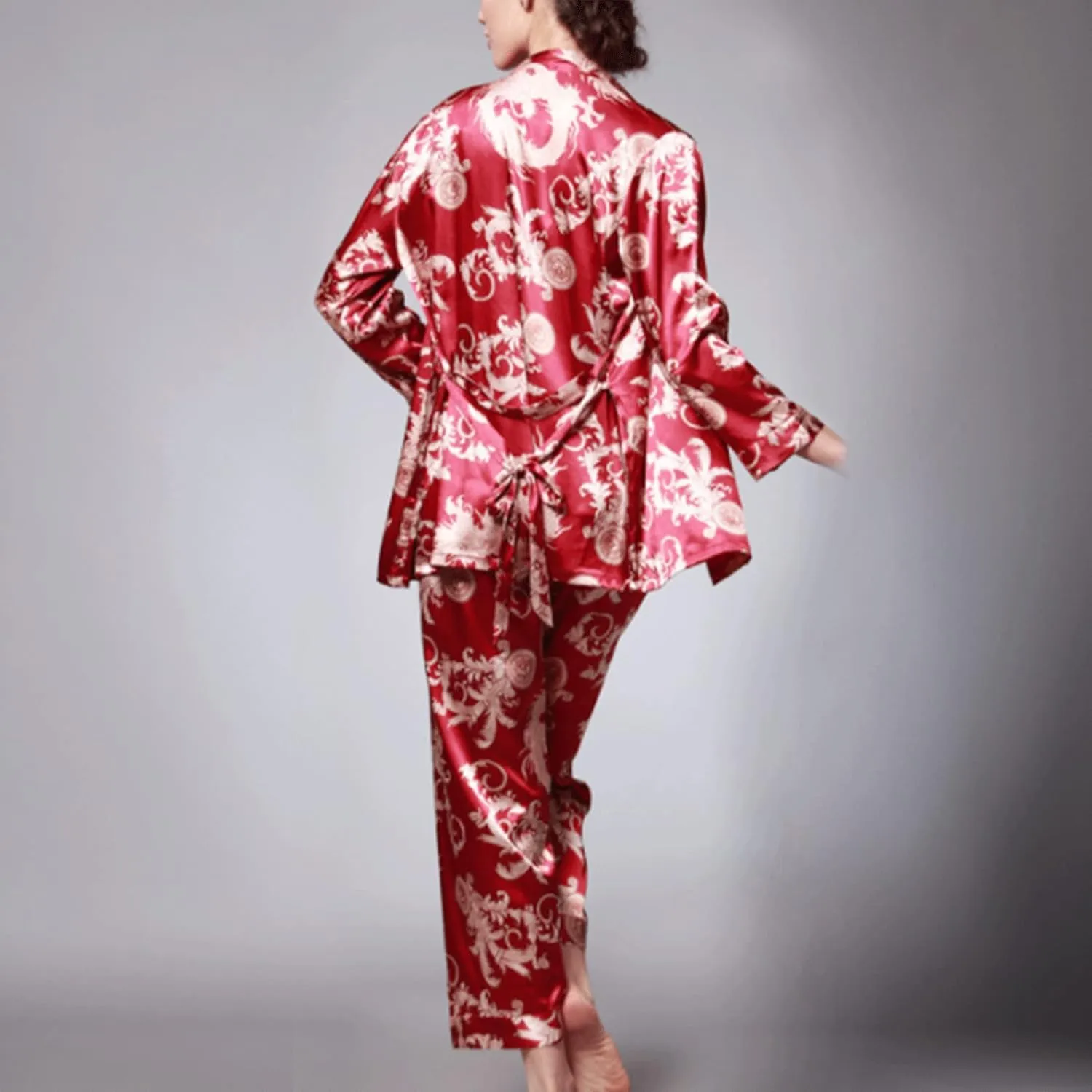 Lu's Chic Women's Satin Cami and Pant Pajamas Set with Robe 3Pcs Pj Silk V Neck Long Sleeve Sleepwear