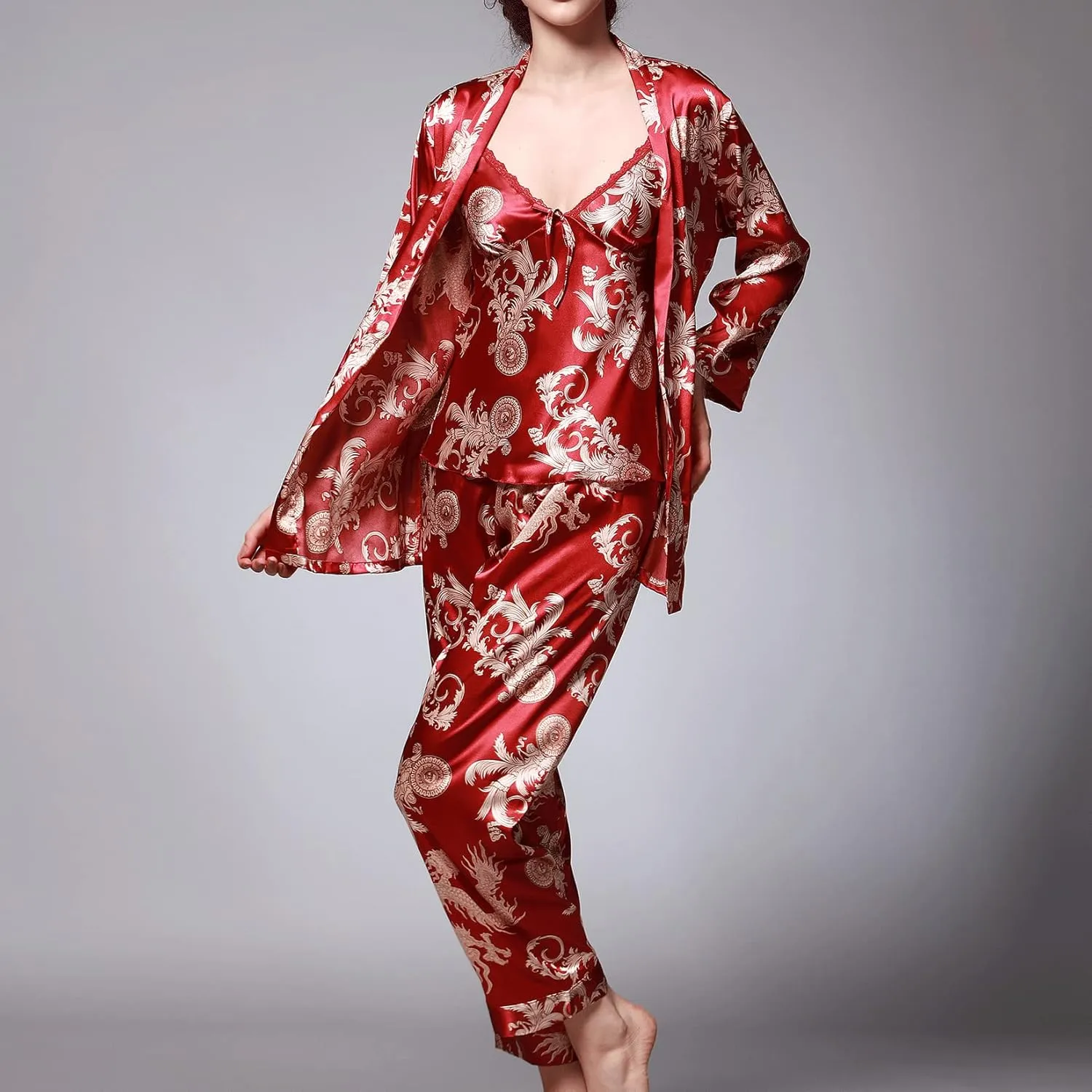 Lu's Chic Women's Satin Cami and Pant Pajamas Set with Robe 3Pcs Pj Silk V Neck Long Sleeve Sleepwear