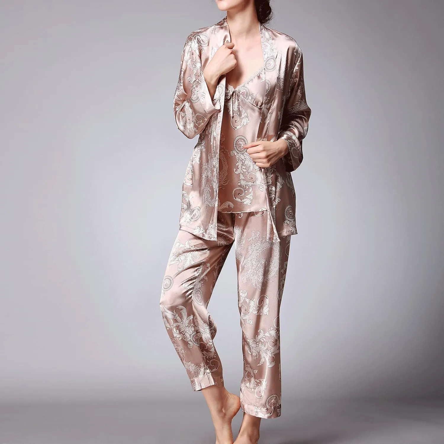 Lu's Chic Women's Satin Cami and Pant Pajamas Set with Robe 3Pcs Pj Silk V Neck Long Sleeve Sleepwear