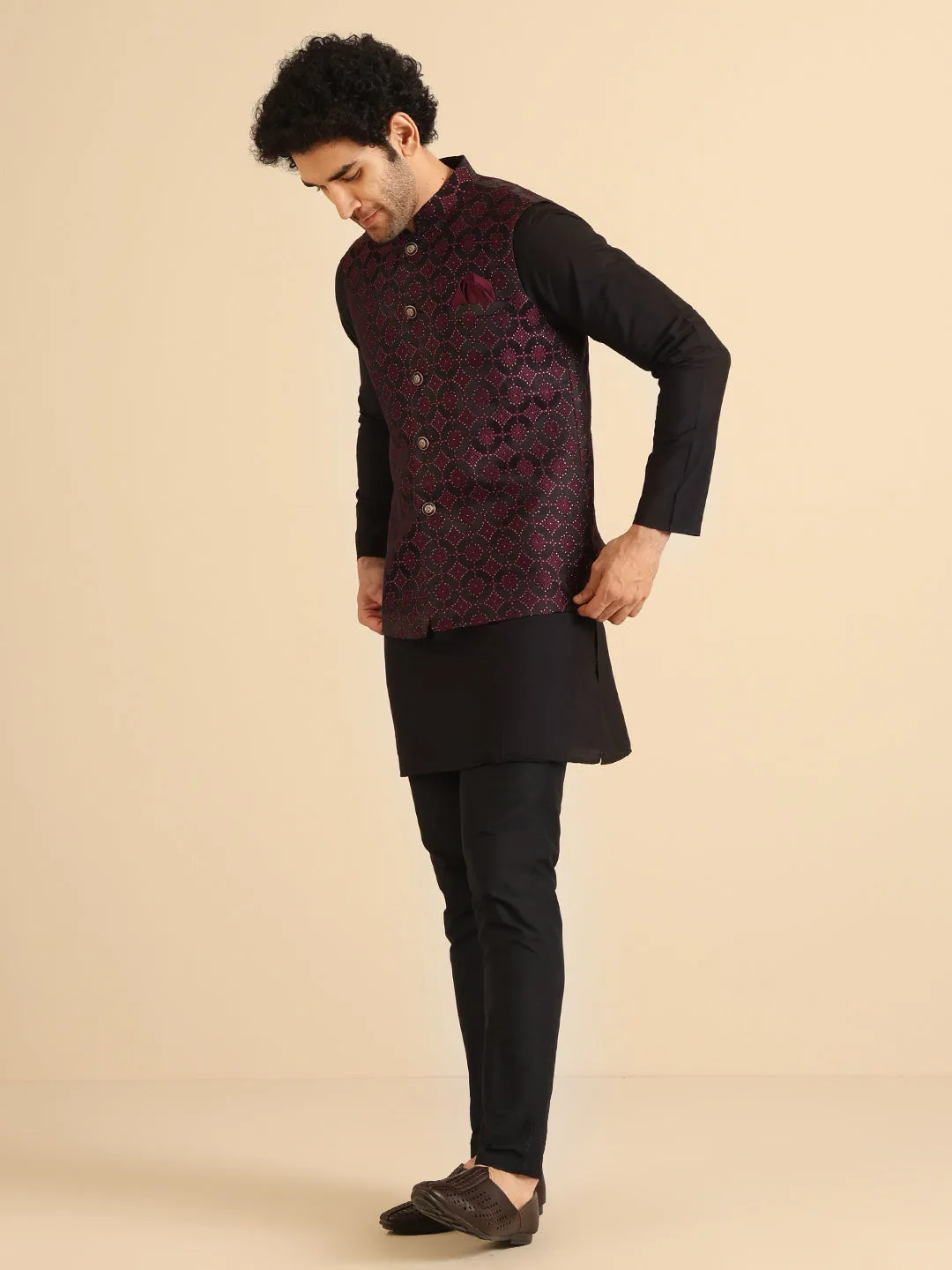 Men Burgundy Only Textured Nehru Jacket