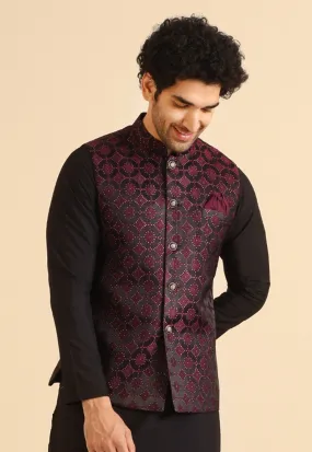 Men Burgundy Only Textured Nehru Jacket