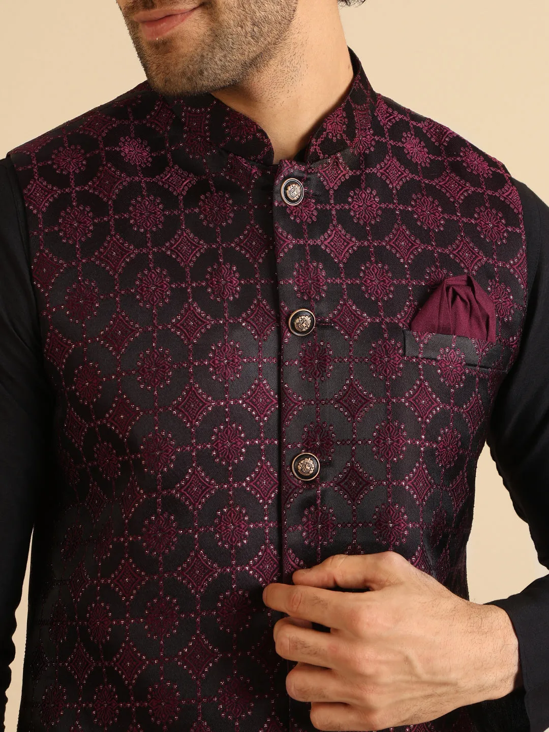 Men Burgundy Only Textured Nehru Jacket