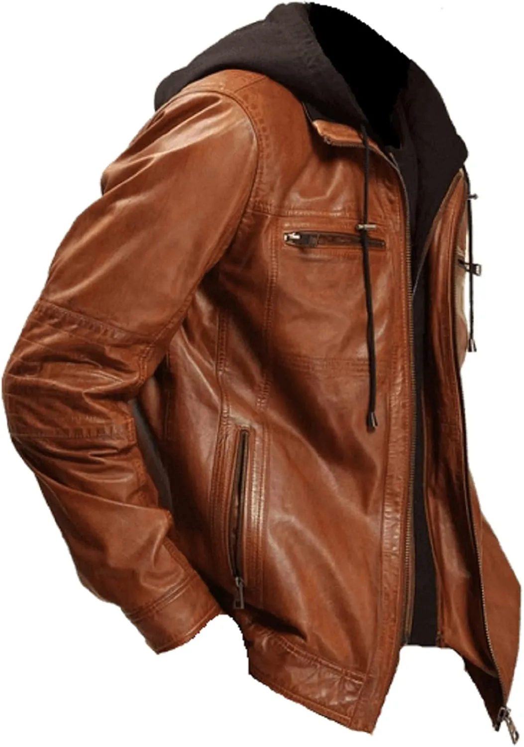 Mens Brown Leather Jacket Classic Casual Café Racer Genuinine Motorcycle Jacket with Hood