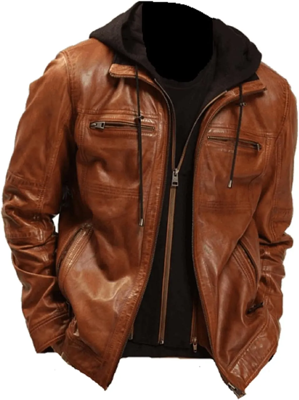 Mens Brown Leather Jacket Classic Casual Café Racer Genuinine Motorcycle Jacket with Hood