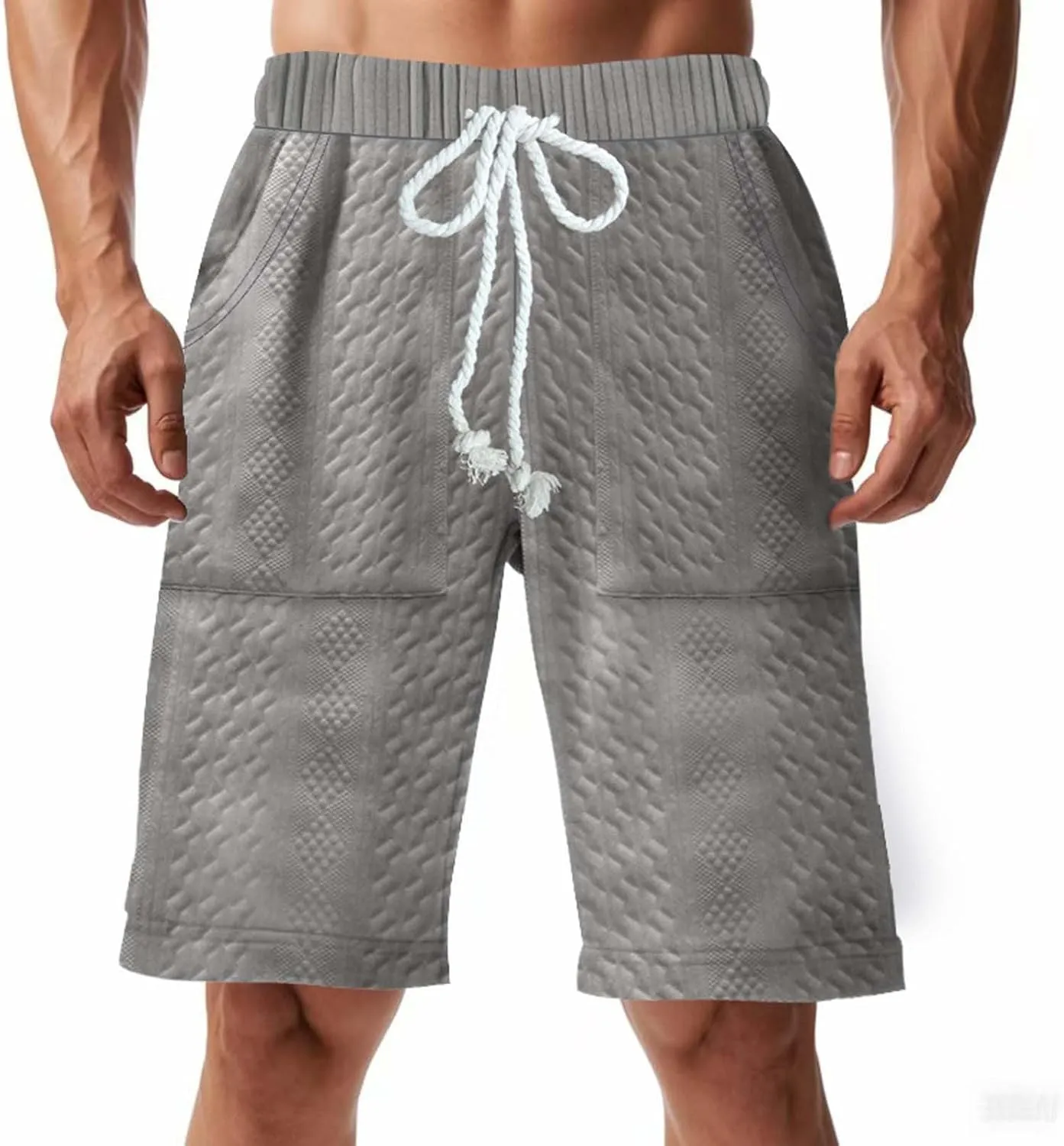 Mens Casual Knit Cable Shorts Drawstring Elastic Waist Loose Comfy Summer Fashion Lounge Bermuda Shorts with Pockets