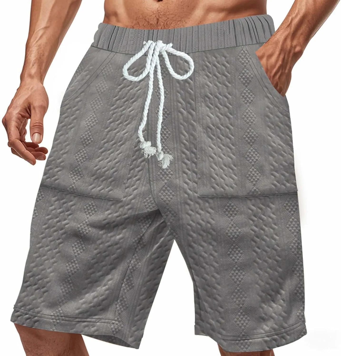Mens Casual Knit Cable Shorts Drawstring Elastic Waist Loose Comfy Summer Fashion Lounge Bermuda Shorts with Pockets