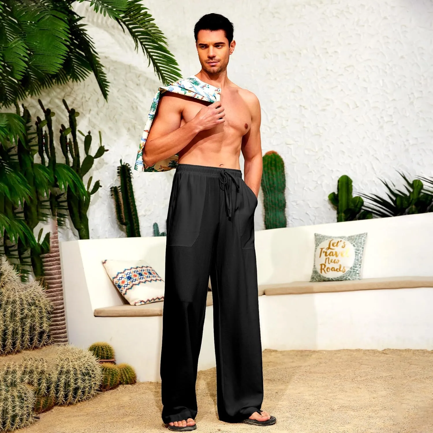 Men's Casual Linen Pants Elastic Waist Drawstring Summer Long Fit Linen Beach Pants Lightweight Trousers with Pockets