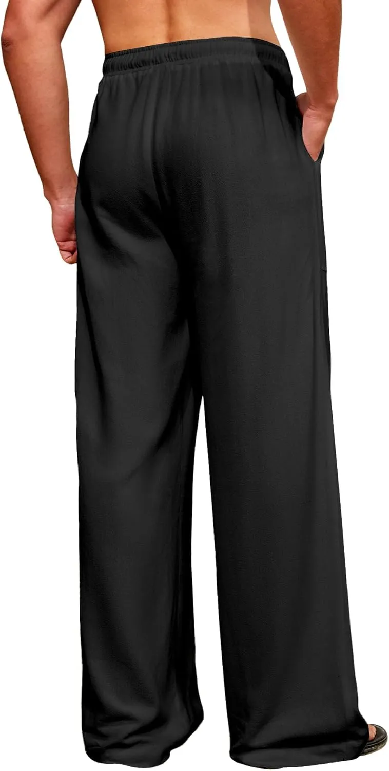 Men's Casual Linen Pants Elastic Waist Drawstring Summer Long Fit Linen Beach Pants Lightweight Trousers with Pockets
