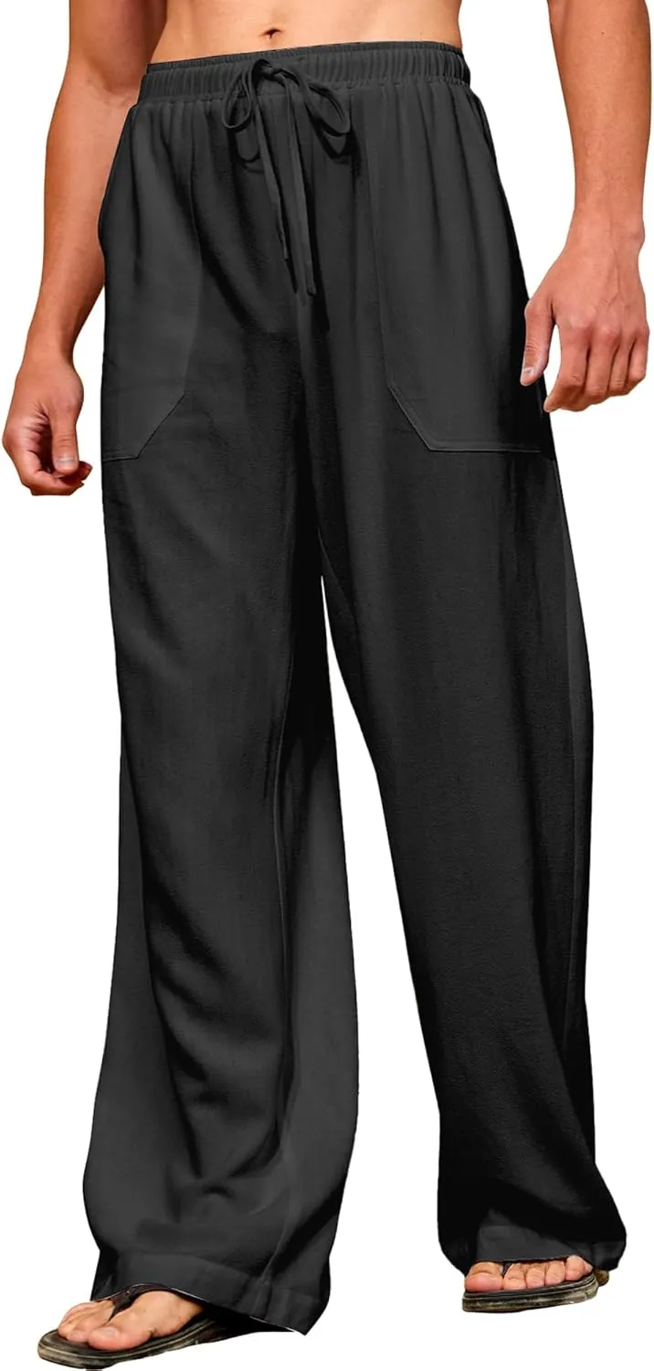 Men's Casual Linen Pants Elastic Waist Drawstring Summer Long Fit Linen Beach Pants Lightweight Trousers with Pockets