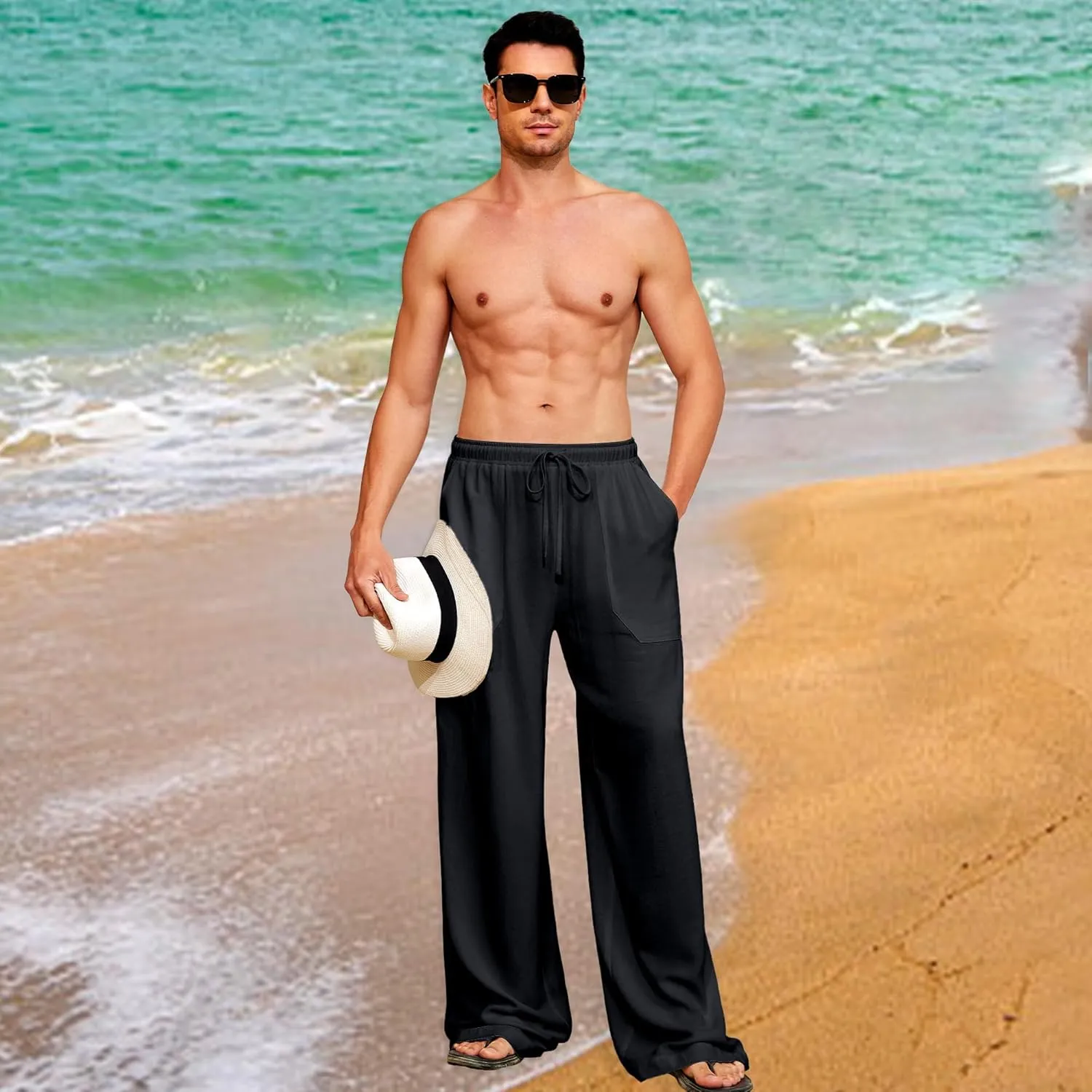 Men's Casual Linen Pants Elastic Waist Drawstring Summer Long Fit Linen Beach Pants Lightweight Trousers with Pockets