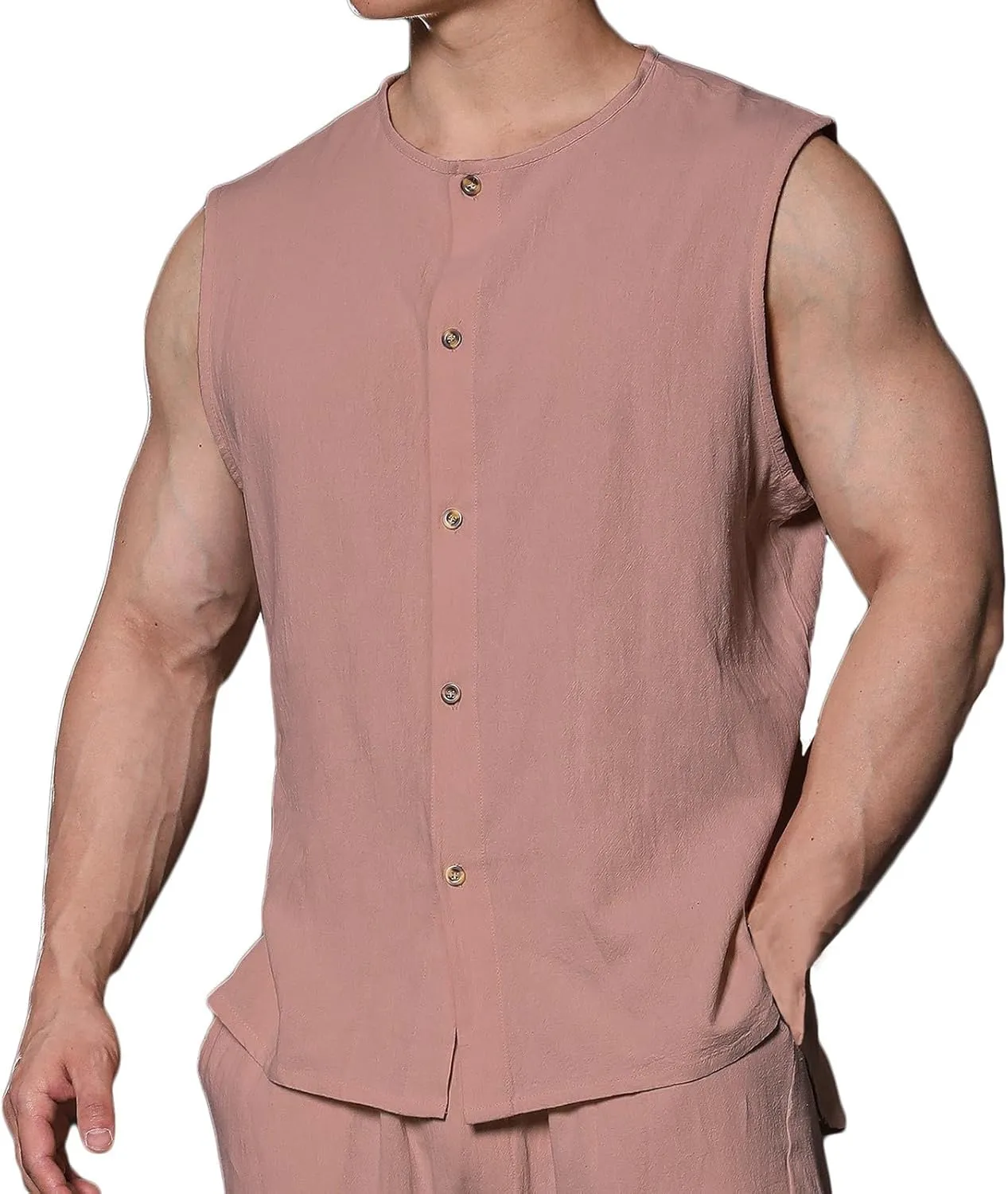 Men's Cotton Linen Vest Shirts Sleeveless Linen Shirt Button Down Tank Tops Crewneck Blouse Breathable Linen Vests Cardigan