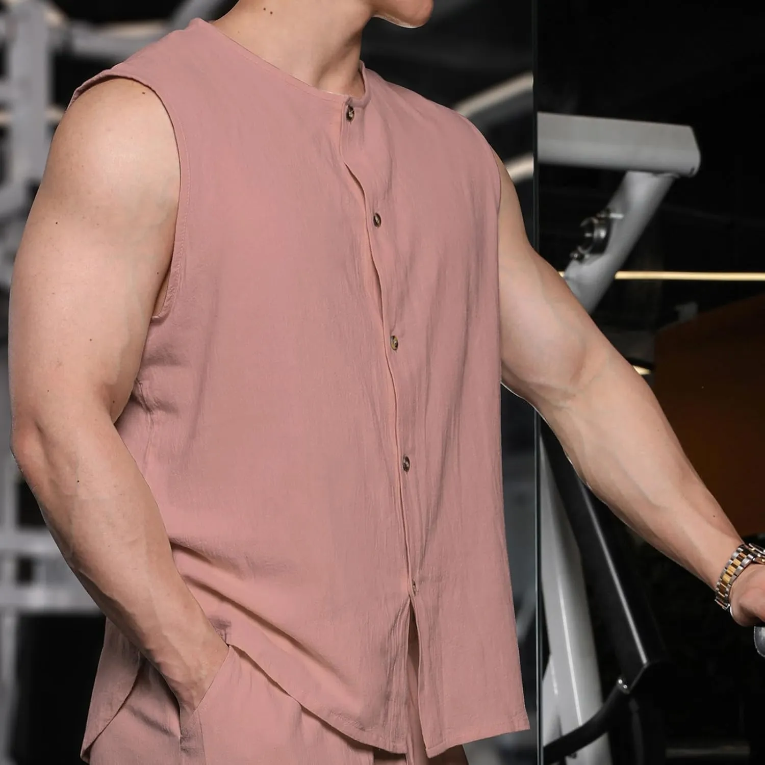 Men's Cotton Linen Vest Shirts Sleeveless Linen Shirt Button Down Tank Tops Crewneck Blouse Breathable Linen Vests Cardigan