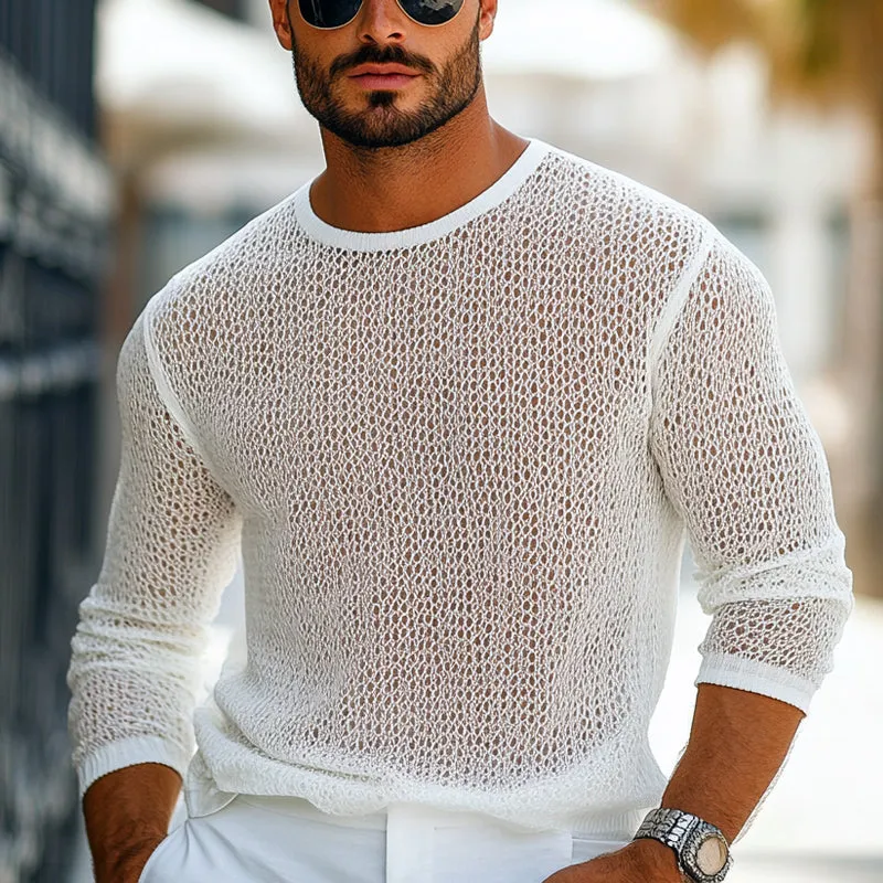 Men's Crew Neck Knitted Mesh Breathable Long Sleeve T-shirt 02960742U