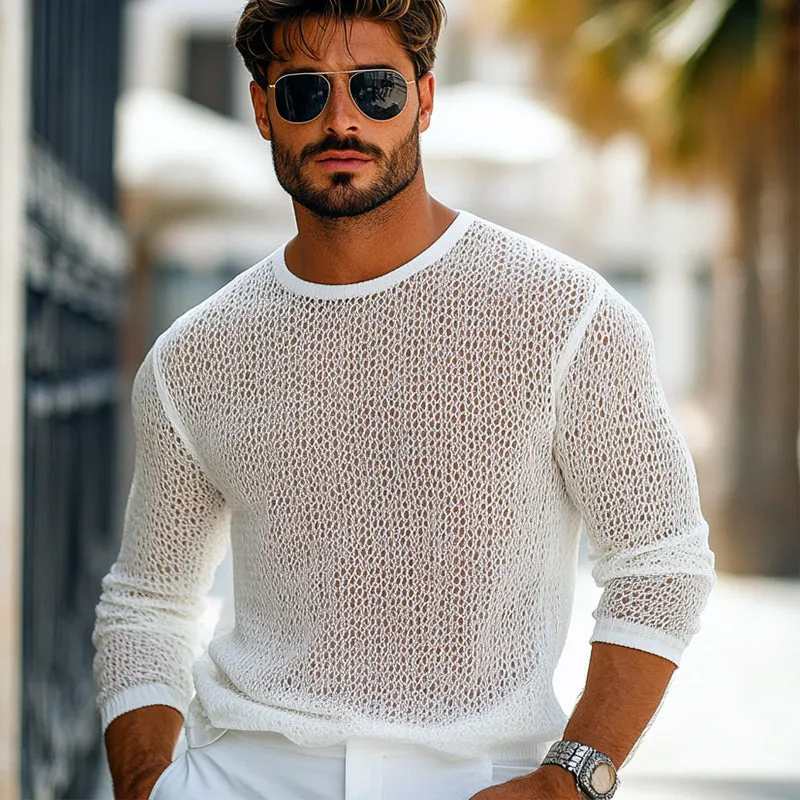 Men's Crew Neck Knitted Mesh Breathable Long Sleeve T-shirt 02960742U