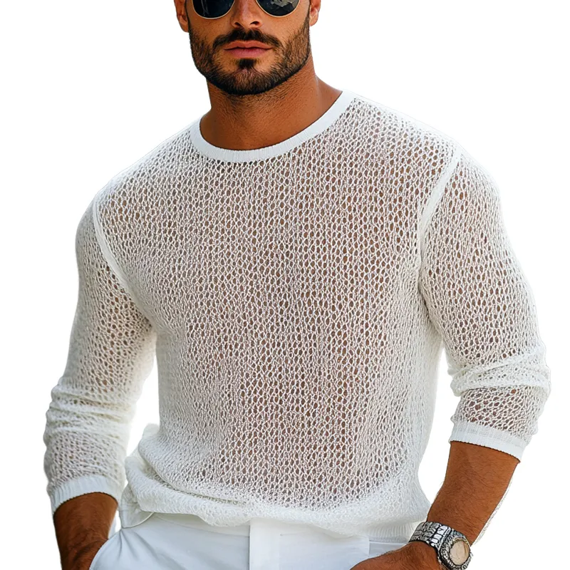 Men's Crew Neck Knitted Mesh Breathable Long Sleeve T-shirt 02960742U