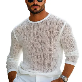 Men's Crew Neck Knitted Mesh Breathable Long Sleeve T-shirt 02960742U