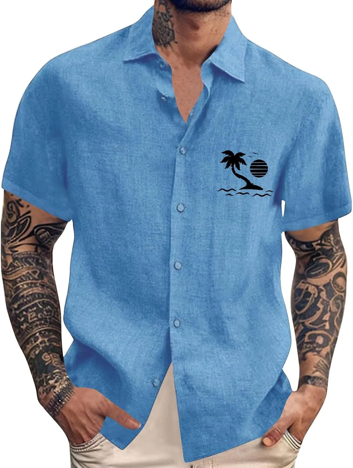 Mens Linen Beach Tops Plam Tree Graphic Short Sleeve Summer Button Down Shirt Lightweight Breathable Shirt
