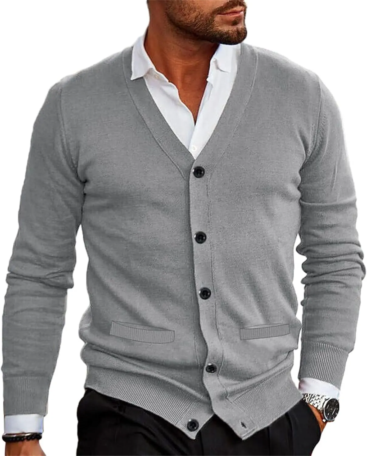 Mens Loose Button Up Knit Cardigan Soft Lightweight V-Neck Long Sleeve Sweater Basic Designed Knitted Outwear