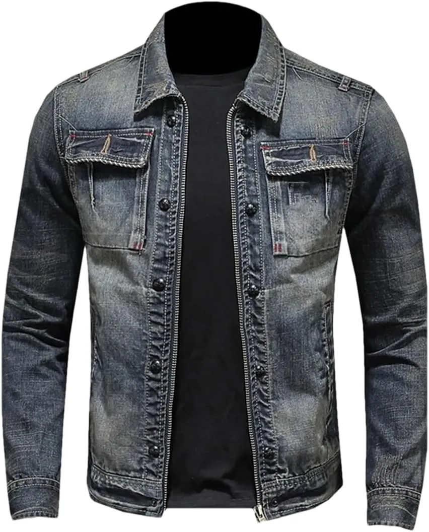 Men's Retro Denim Jacket Classic Round Neck Zipper Motorcycle Jacket