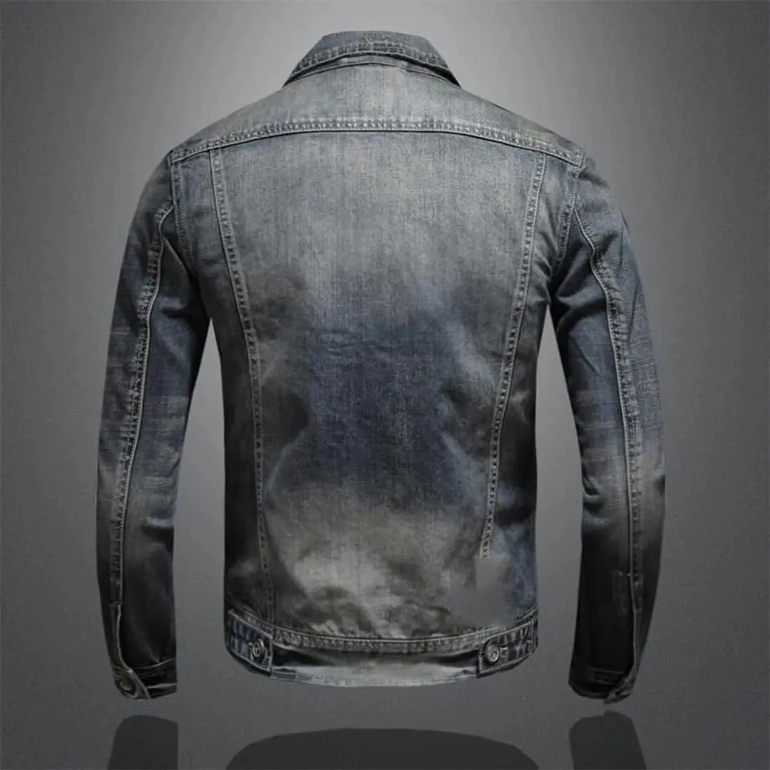 Men's Retro Denim Jacket Classic Round Neck Zipper Motorcycle Jacket