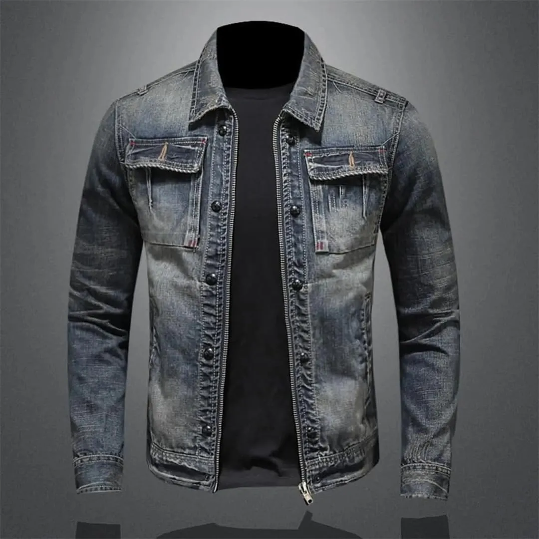 Men's Retro Denim Jacket Classic Round Neck Zipper Motorcycle Jacket