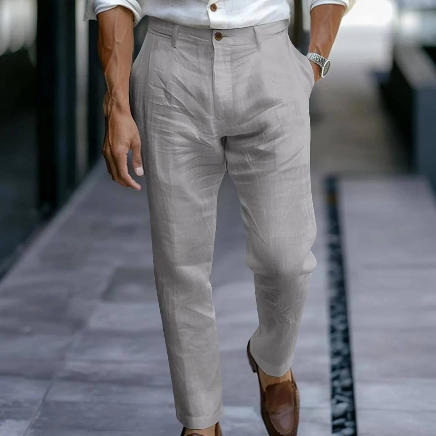 Mens Summer Linen Pants Elastic Waist with Button Casual Lightweight Beach Yoga Lounge Loose Fit Comfort Pants